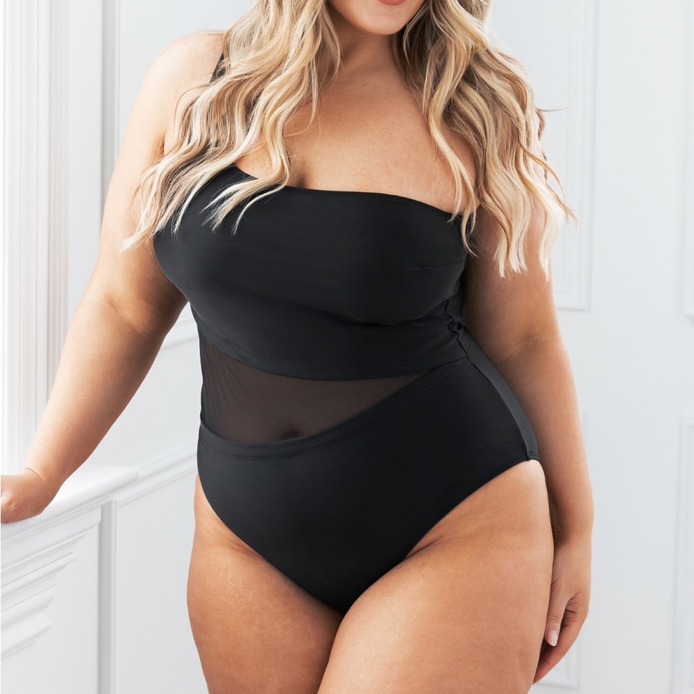 BNWT Forest Adventure Solid Mesh One Shoulder Black One Piece Swimsuit